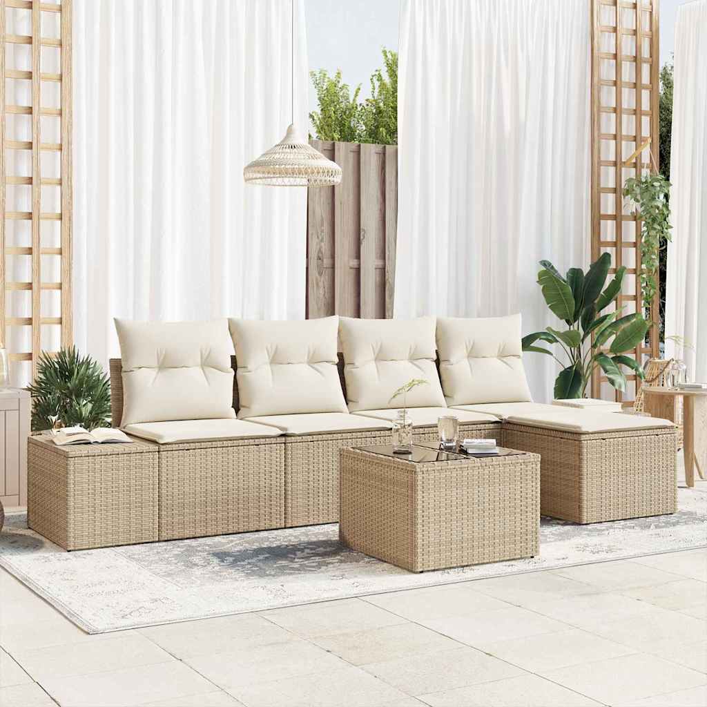 Garten-Sofa-Set mit Kissen 5 pcs Schwarz und Creme Poly-Rattan