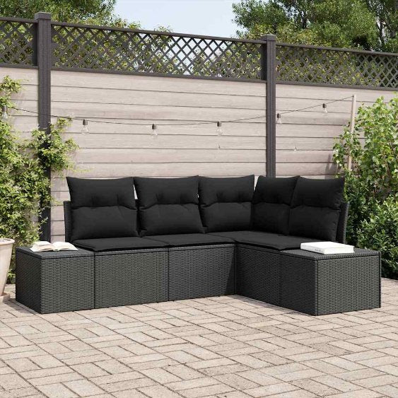 Gartensofa-set mit Speicher 4 pcs Schwarz und Creme Poly-Rattan