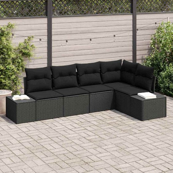 Garten-Sofa-Set mit Kissen mit Speicher 5 pcs Schwarz und Creme