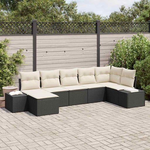 Garten-Sofa-Set mit Kissen 7 pcs Schwarz Poly-Rattan