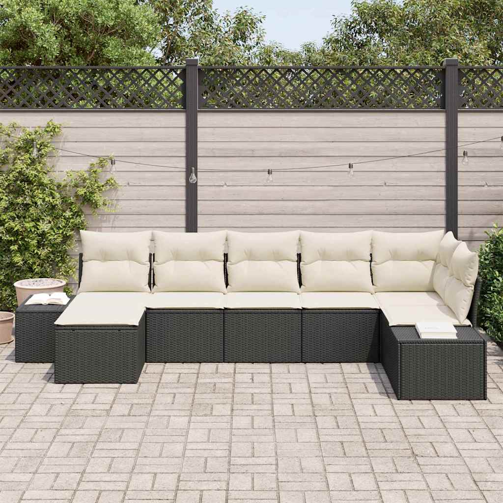 Garten-Sofa-Set mit Kissen 7 pcs Schwarz Poly-Rattan