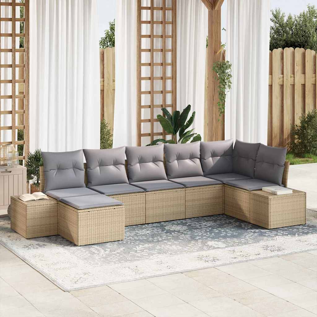 Garten-Sofa-Set mit Kissen 7 pcs Schwarz Poly-Rattan