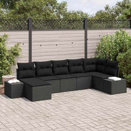Garten-Sofa-Set mit Kissen 7 pcs Schwarz Poly-Rattan