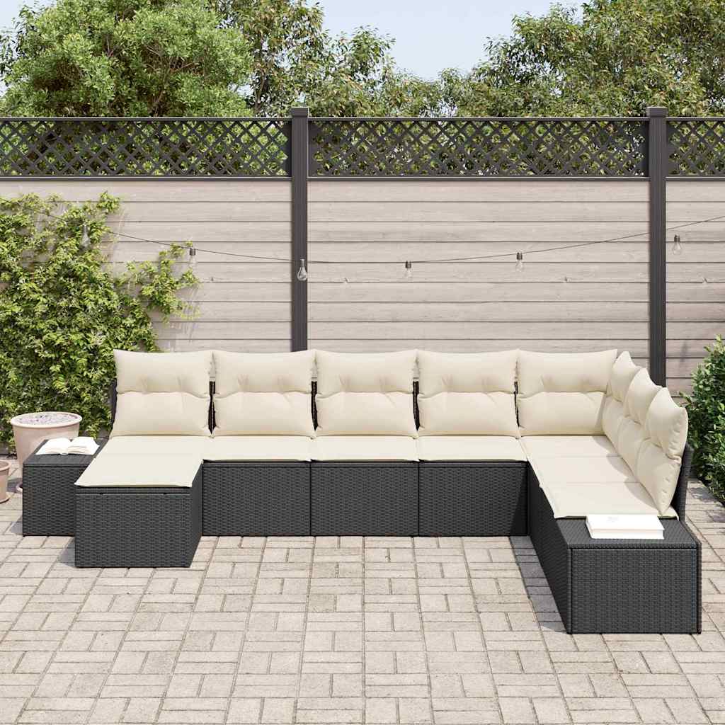 Garten-Sofa-Set mit Kissen 8 pcs Schwarz und Creme Poly-Rattan