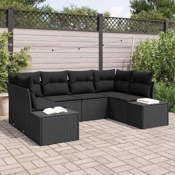 Gartensofa-set mit Speicher 6 pcs Schwarz und Creme Poly Rattan
