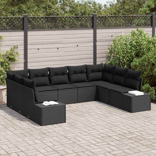 Gartensofa-set mit Kissen 9 pcs Schwarz und Creme Polyrattan