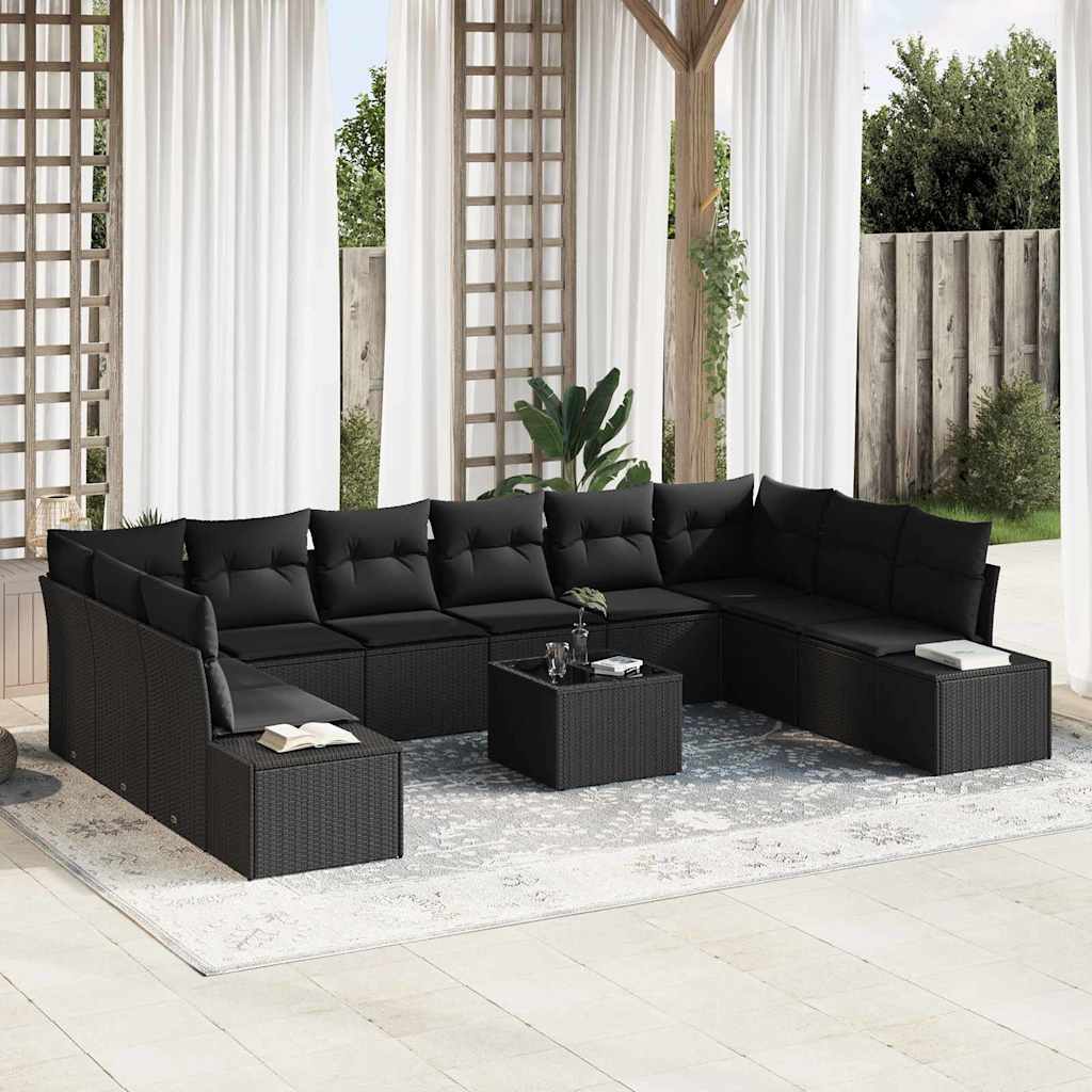 Gartensofa-set mit Kissen 10 pcs Schwarz und Creme Polyrattan
