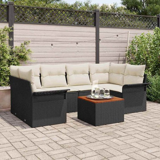 Garten-Sofa-Set mit Kissen mit Speicher 7 pcs Schwarz und Creme