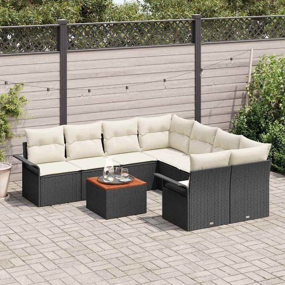 Garten-Sofa-Set mit Kissen mit Speicher 9 pcs Schwarz und Creme