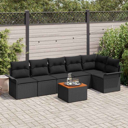 Gartensofa-set mit Speicher 7 pcs Schwarz und Creme Poly-Rattan