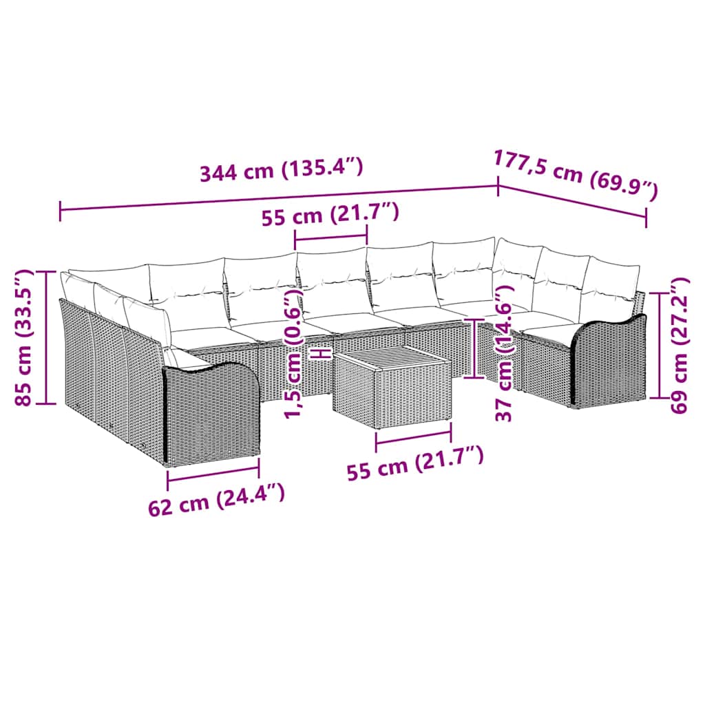 Gartensofa-set 11 pcs Schwarz und Creme Poly-Rattan