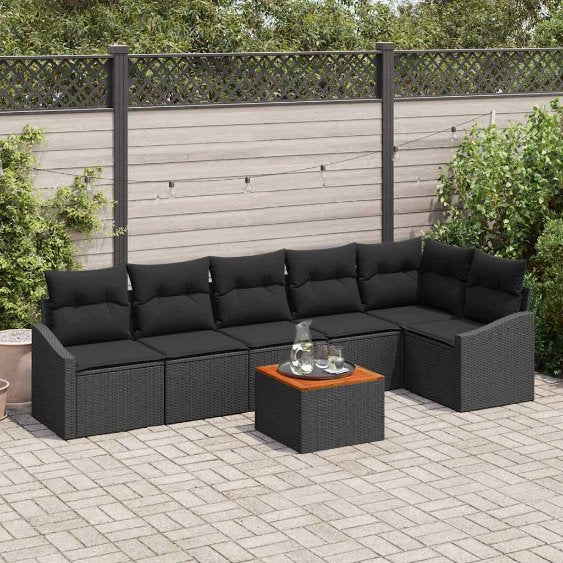 Gartensofa-set mit Speicher 7 pcs Schwarz und Creme Poly-Rattan