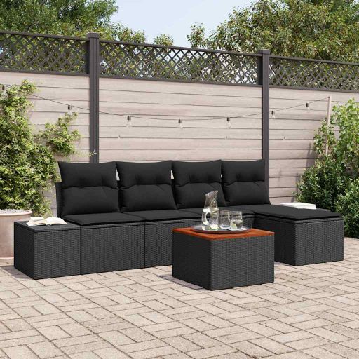 Gartensofa-set mit Speicher 6 pcs Schwarz und Creme Poly-Rattan