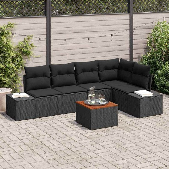 Gartensofa-set mit Speicher 6 pcs Schwarz und Creme Poly-Rattan
