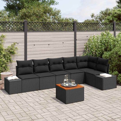 Gartensofa-set mit Speicher 7 pcs Schwarz und Creme Poly-Rattan