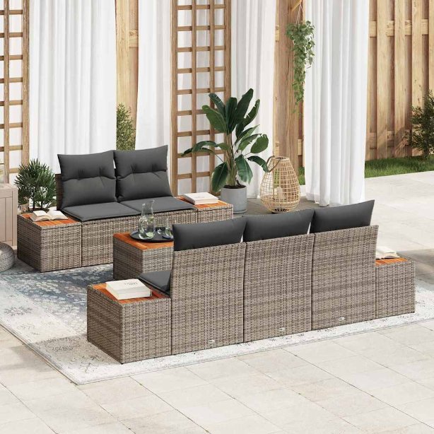 Garten-Sofa-Set mit Kissen 6 pcs Schwarz Poly Rattan
