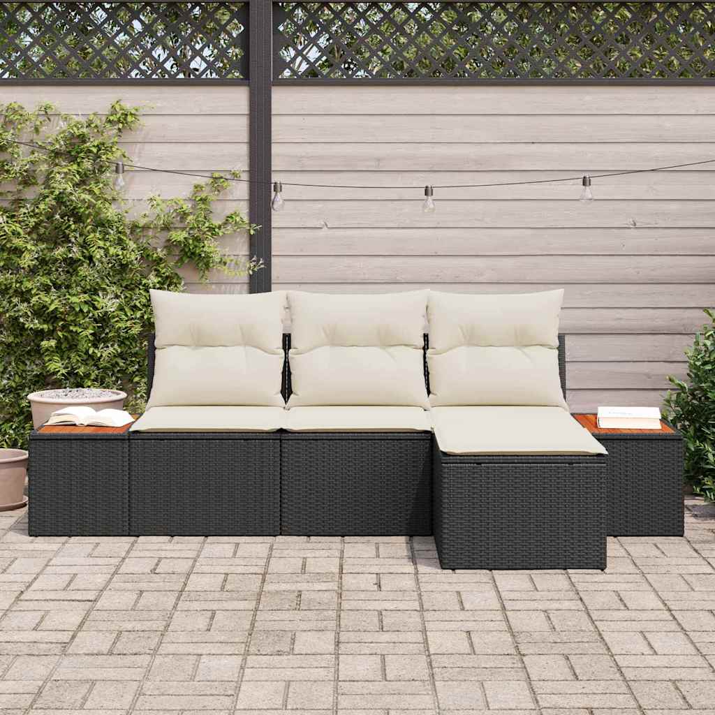 Gartensofa-set mit Kissen 4 pcs Schwarz und Creme Poly Rattan