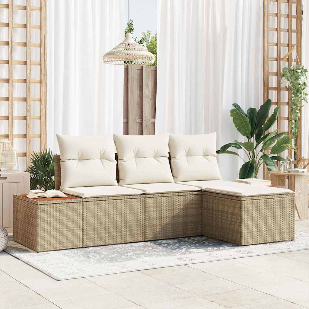 Gartensofa-set mit Kissen 4 pcs Schwarz und Creme Poly Rattan