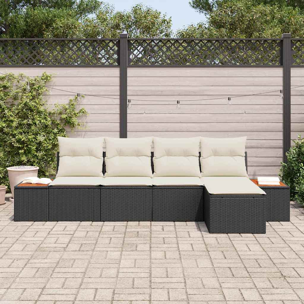 Gartensofa-set mit Kissen 5 pcs Schwarz und Creme Poly Rattan