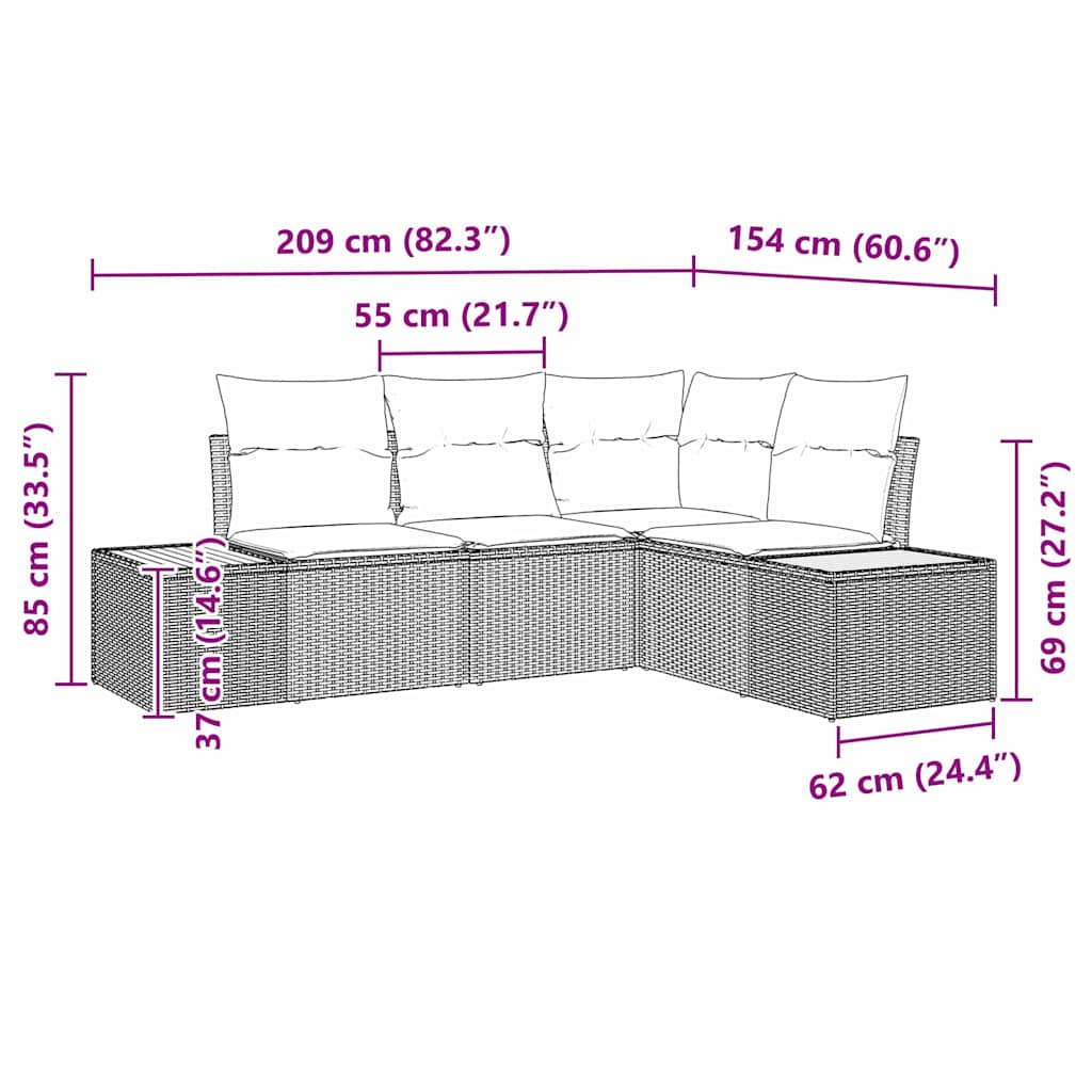 Gartensofa-set mit Kissen 4 pcs Schwarz und Creme Polyrattan