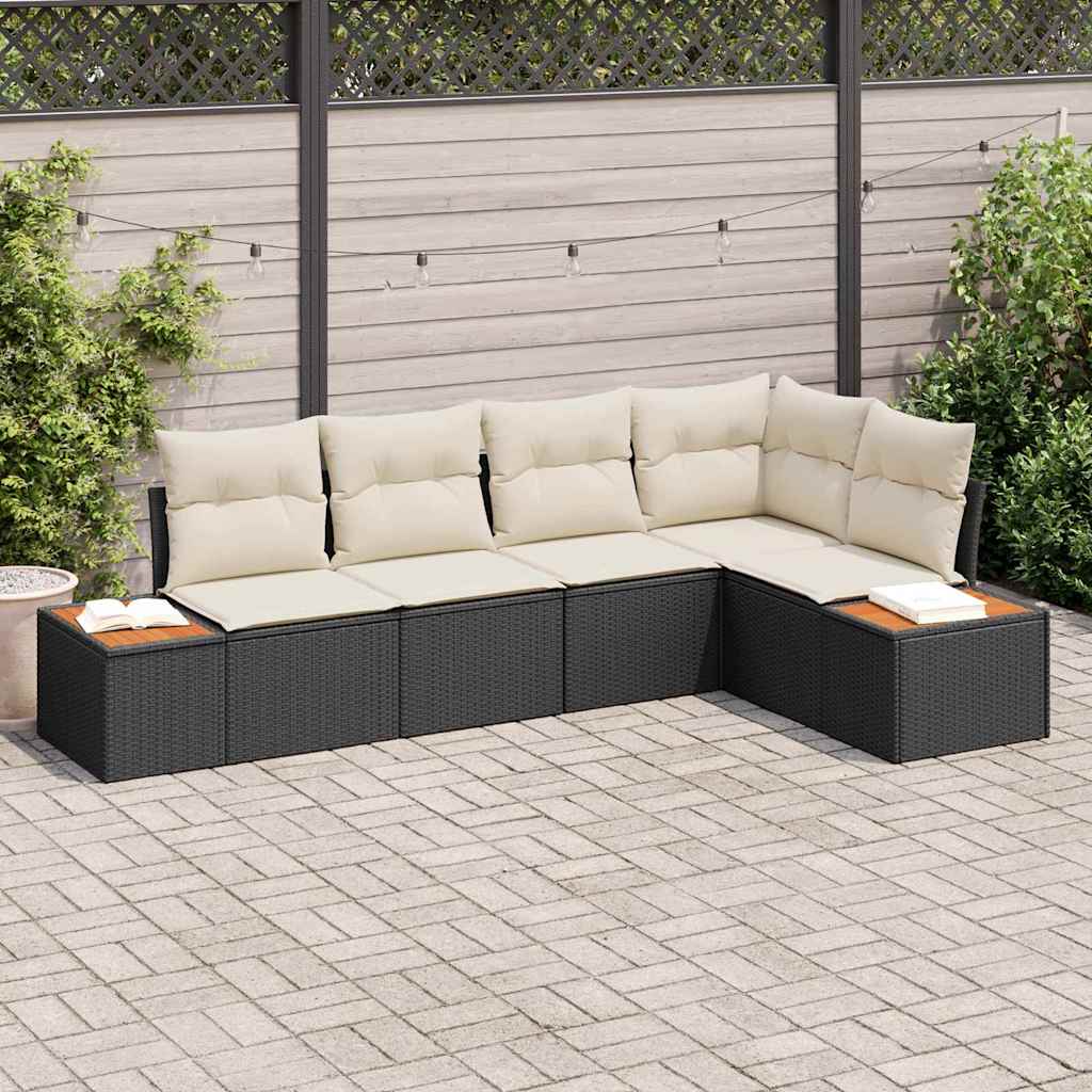 vidaXL Garten-Sofa-Set mit Kissen 5 pcs Schwarz und Creme Poly Rattan