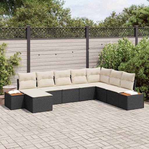 Gartensofa-set mit Kissen 8 pcs Schwarz und Creme Poly Rattan