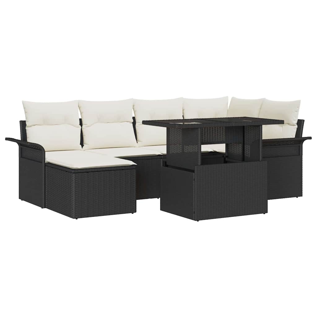 vidaXL Garten-Sofa-Set mit Kissen 7 pcs Schwarz Poly Rattan