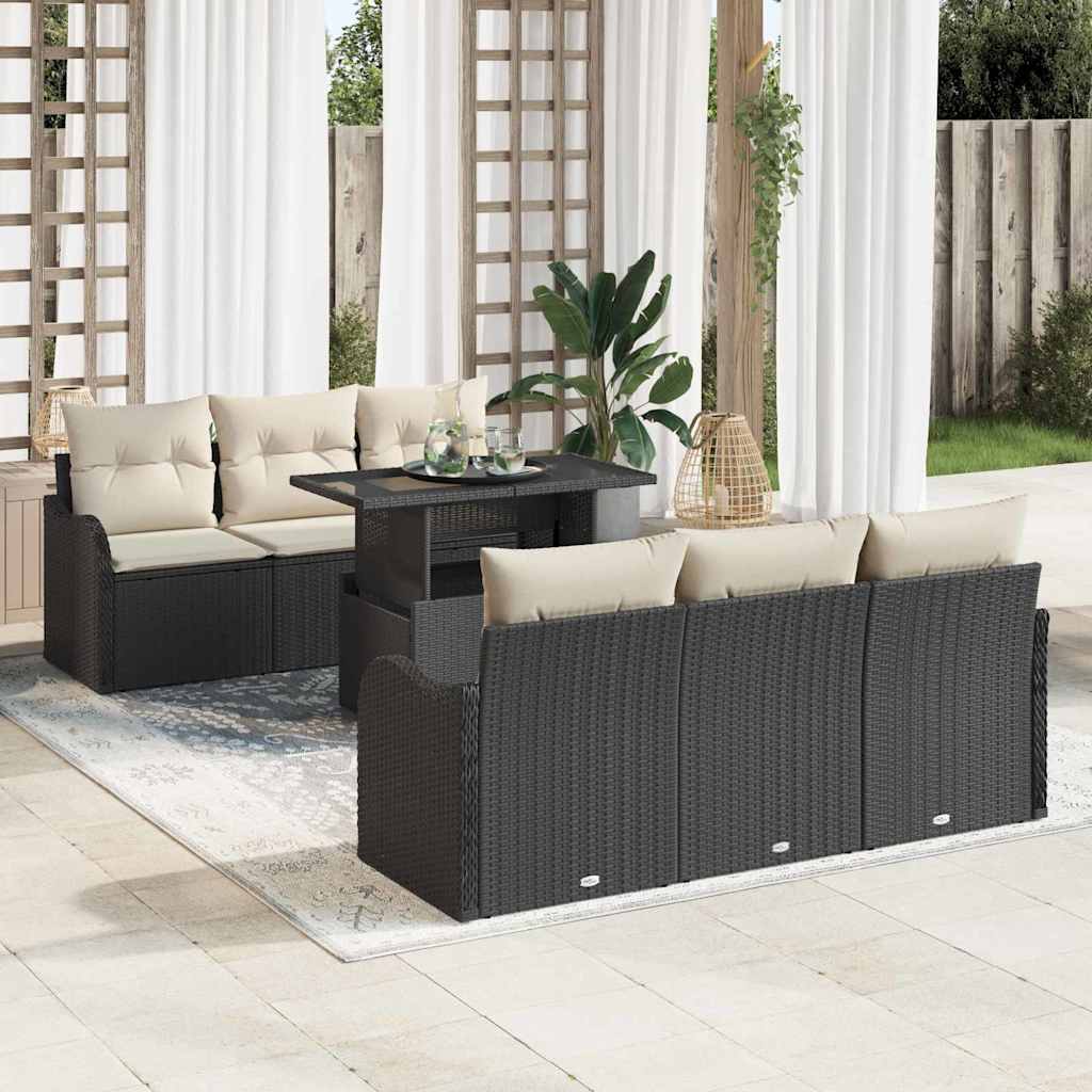 Garten-Sofa-Set mit Kissen mit Kissen 7 pcs Schwarz Poly Rattan