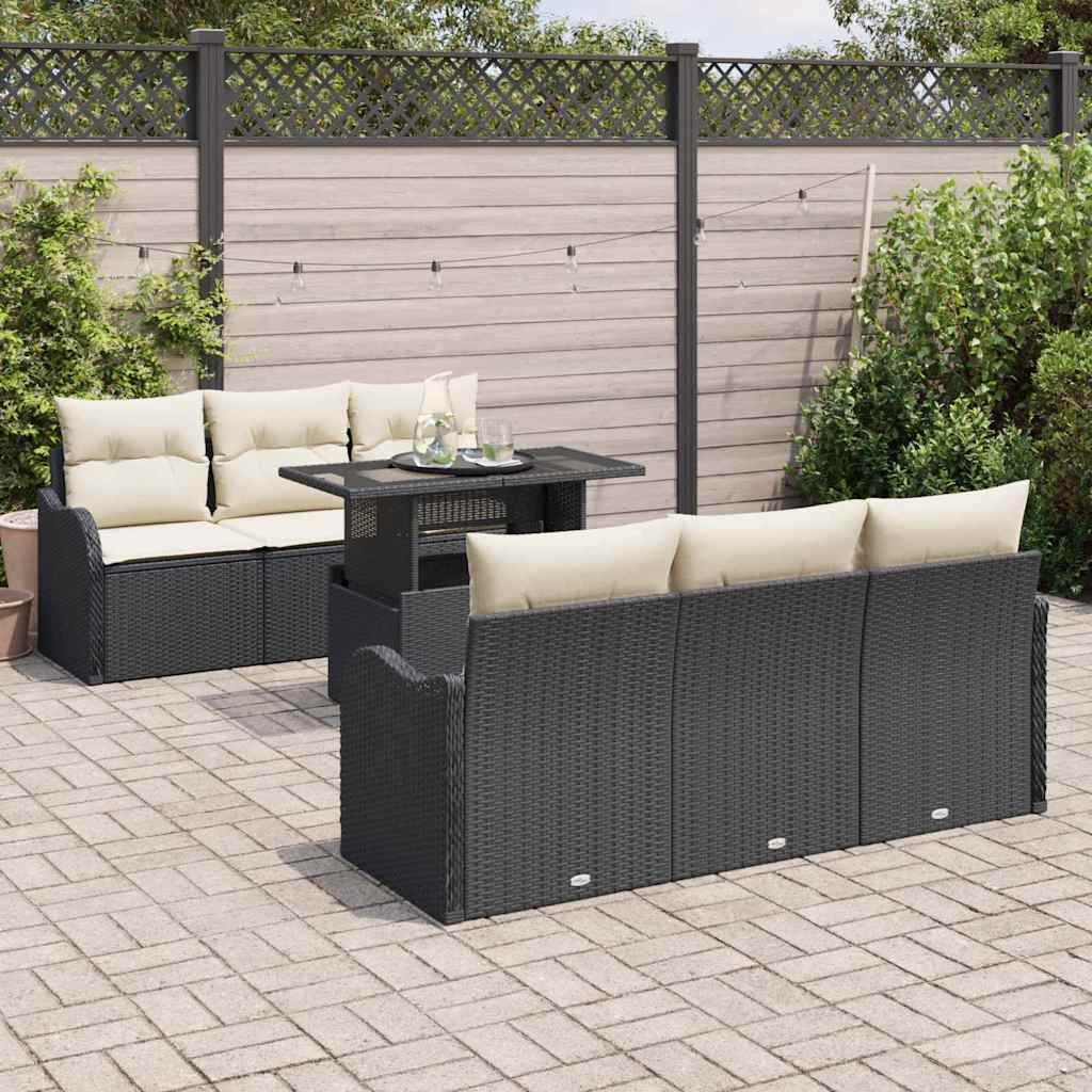 Garten-Sofa-Set mit Kissen mit Kissen 7 pcs Schwarz Poly Rattan