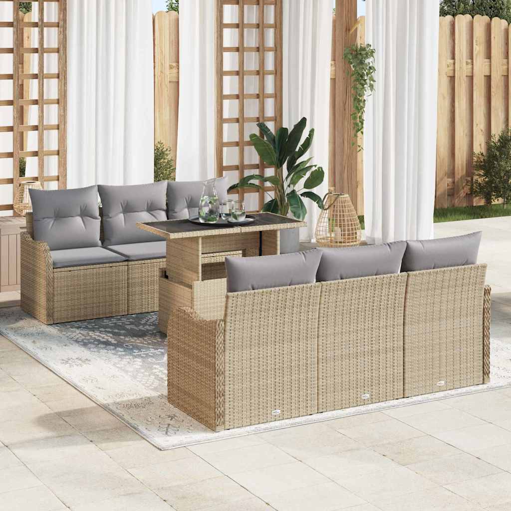 Garten-Sofa-Set mit Kissen mit Kissen 7 pcs Schwarz Poly Rattan