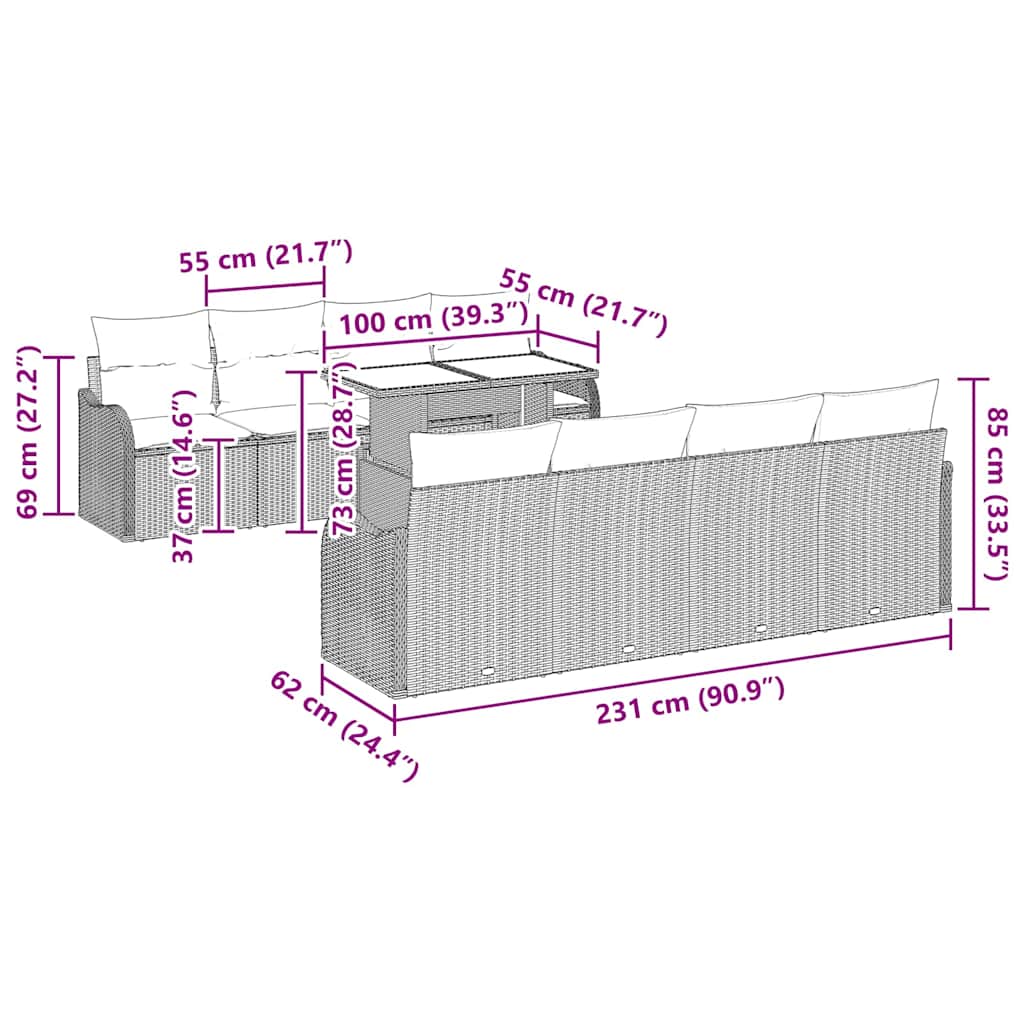 Garten-Sofa-Set mit Kissen mit Kissen 9 pcs Schwarz Poly Rattan