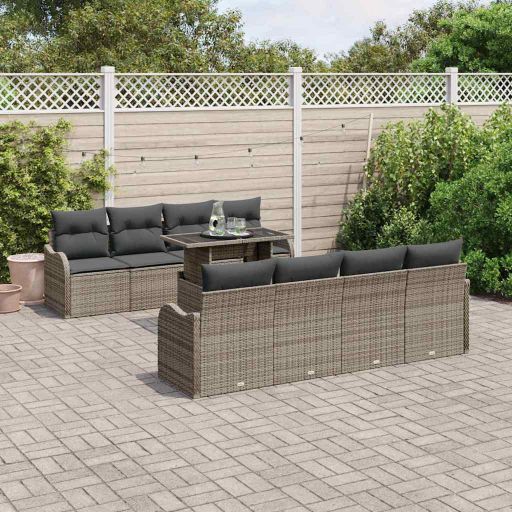Garten-Sofa-Set mit Kissen mit Kissen 9 pcs Schwarz Poly Rattan