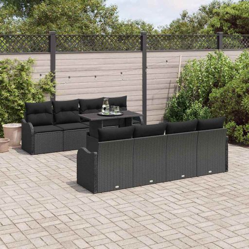 Garten-Sofa-Set mit Kissen mit Kissen 9 pcs Schwarz Poly Rattan
