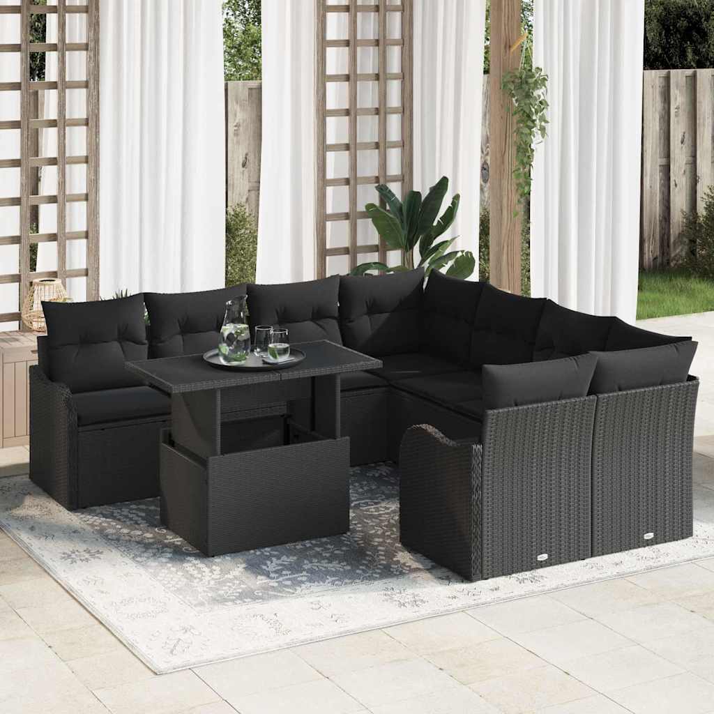Gartensofa-set mit Kissen mit Kissen 9 pcs Schwarz Poly Rattan