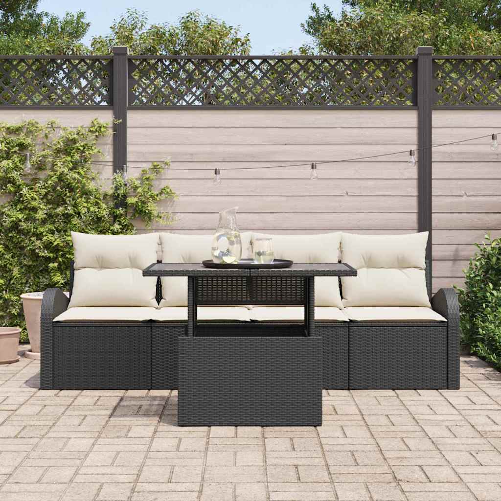 Garten-Sofa-Set mit Kissen mit Kissen 5 pcs Schwarz Poly Rattan