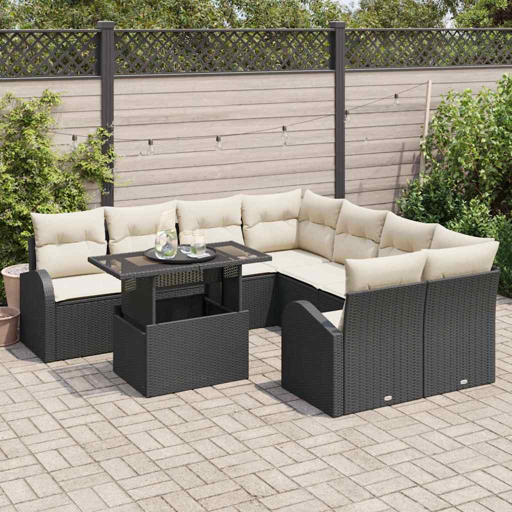 Garten-Sofa-Set mit Kissen mit Kissen 9 pcs Schwarz Poly Rattan