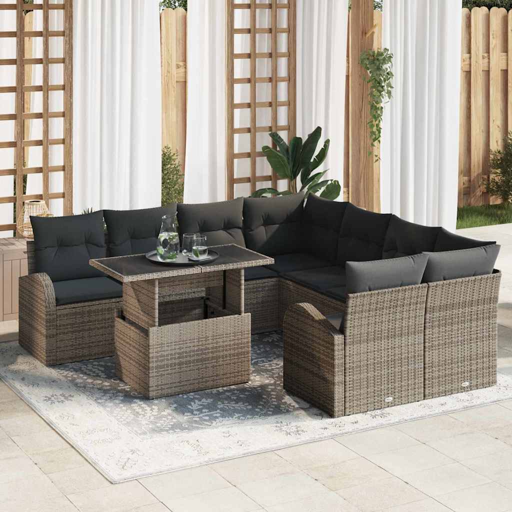 Garten-Sofa-Set mit Kissen mit Kissen 9 pcs Schwarz Poly Rattan
