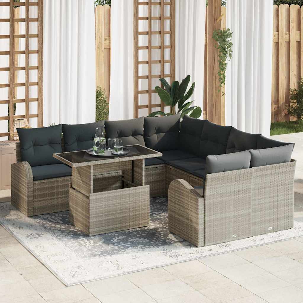 Garten-Sofa-Set mit Kissen mit Kissen 9 pcs Schwarz Poly Rattan