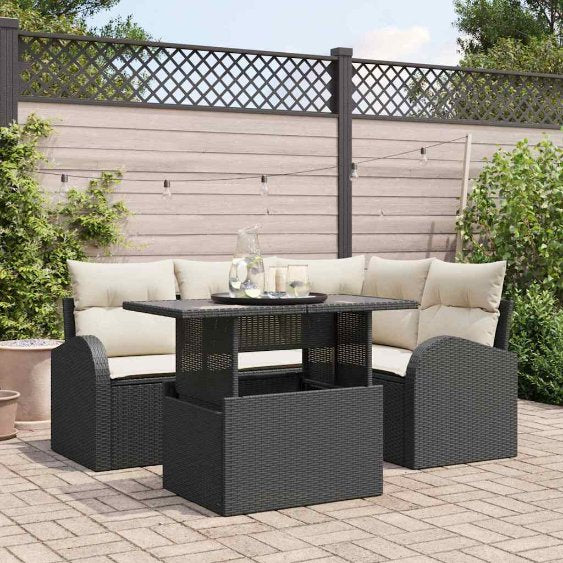 Gartensofa-set mit Kissen mit Kissen 5 pcs Schwarz Poly Rattan