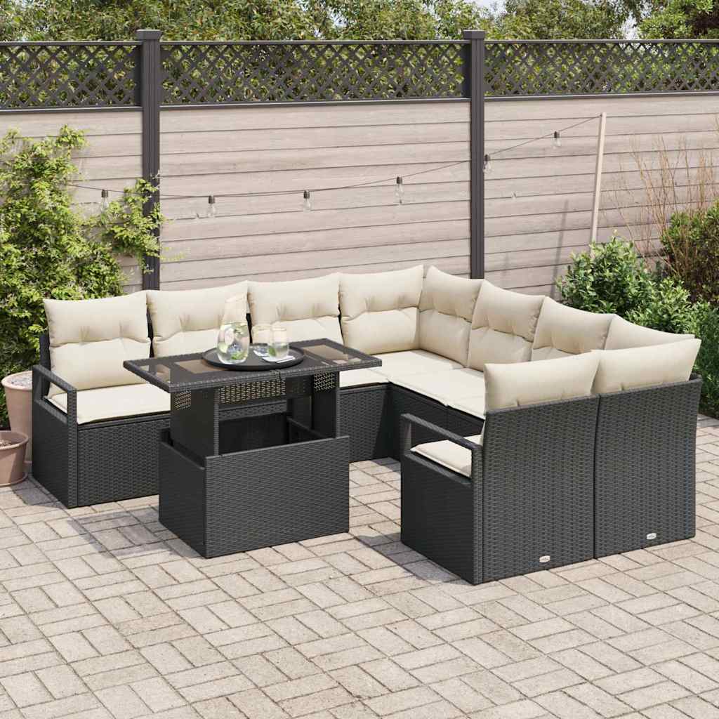 Gartensofa-set mit Kissen 9 pcs Schwarz Poly Rattan