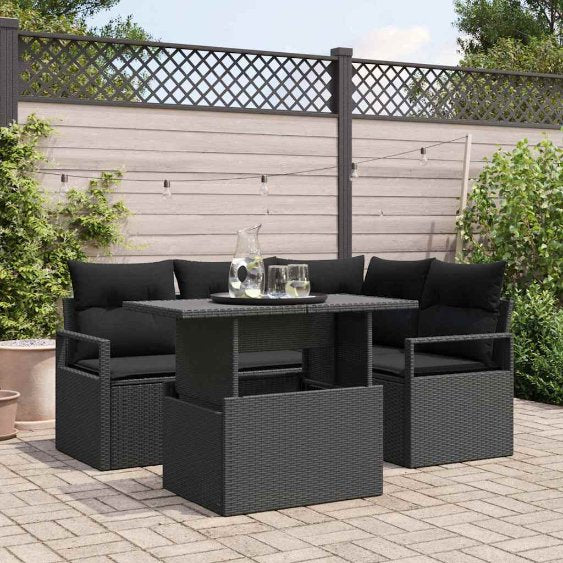 Garten-Sofa-Set mit Speicher 5 pcs Schwarz Poly Rattan