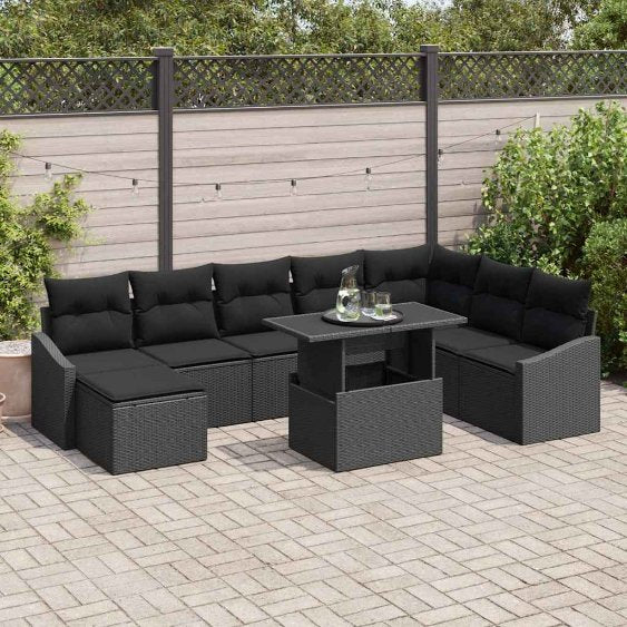 Garten-Sofa-Set mit Kissen mit Speicher 9 pcs Schwarz und Creme
