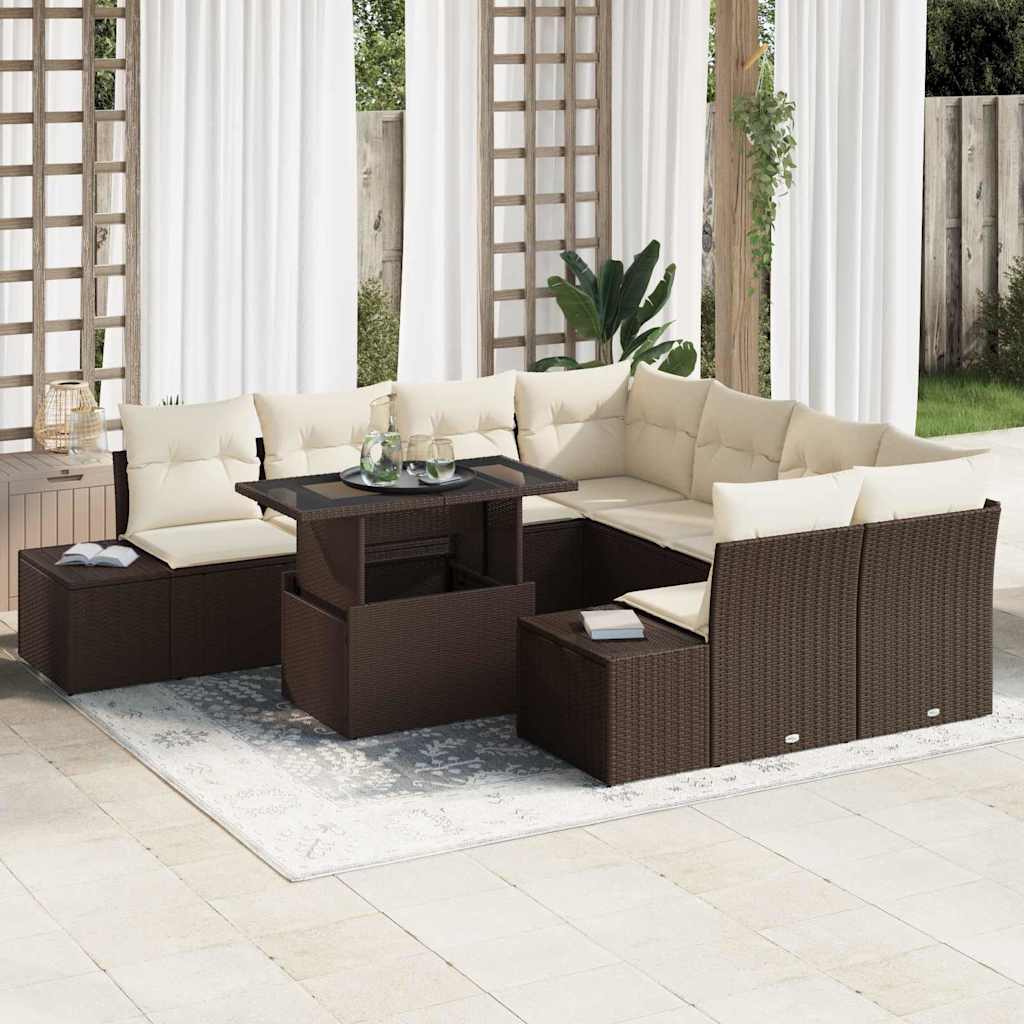 Garten-Sofa-Set mit Kissen mit Speicher 9 pcs Schwarz und Creme