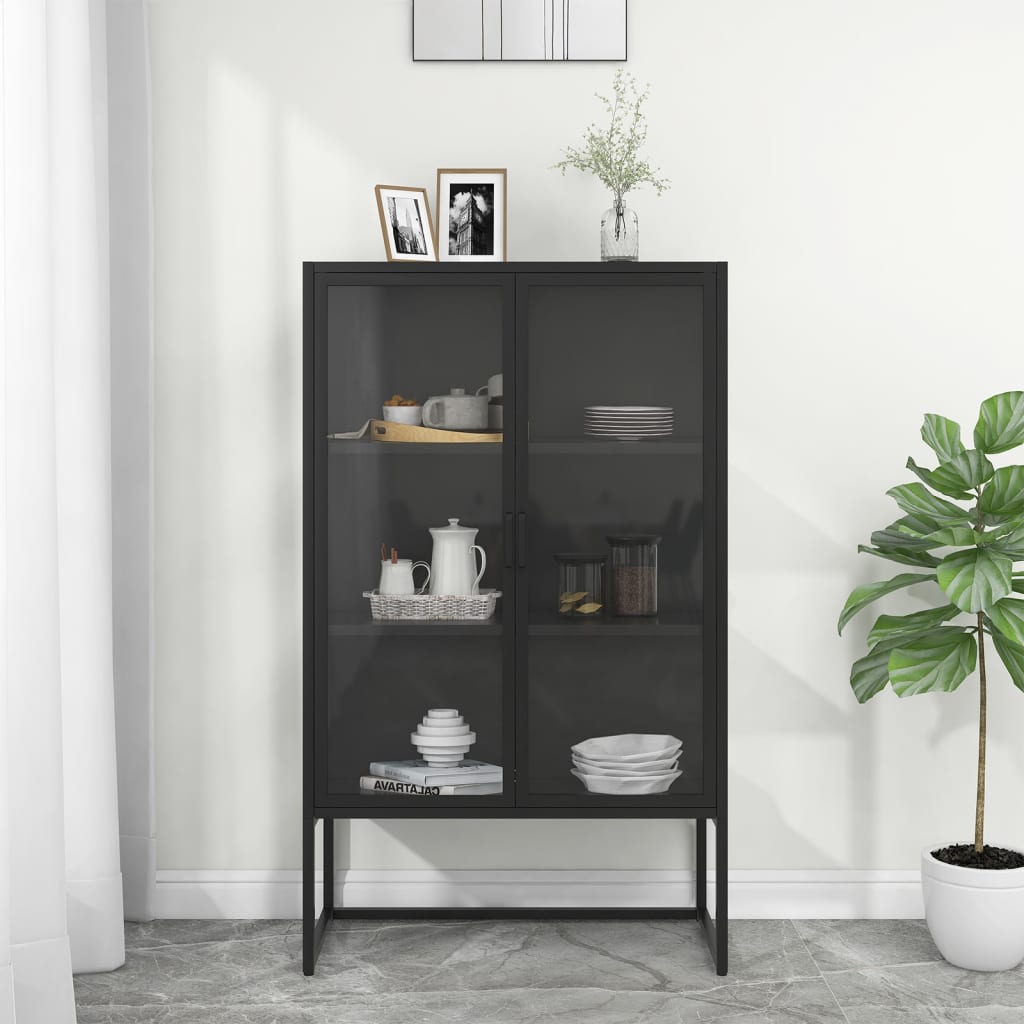 vidaXL Highboard Schwarz 80x35x135 cm Stahl und Gehärtetes Glas