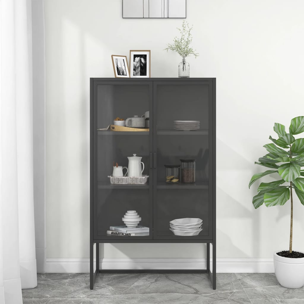 vidaXL Highboard Schwarz 80x35x135 cm Stahl und Gehärtetes Glas