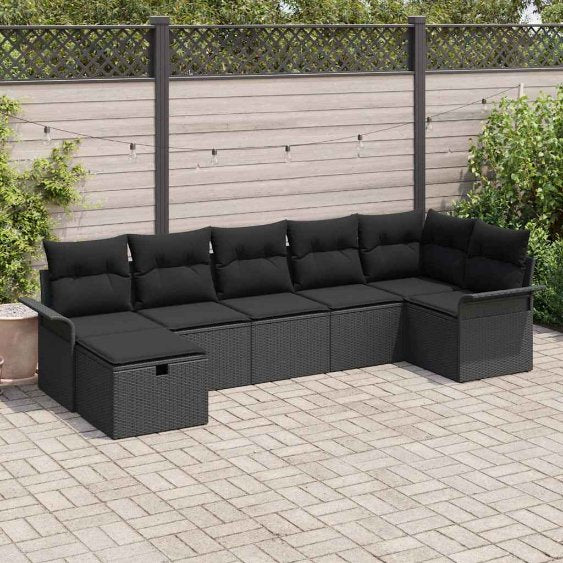 Gartensofa-set mit Kissen 7 pcs Schwarz und Creme Poly-Rattan