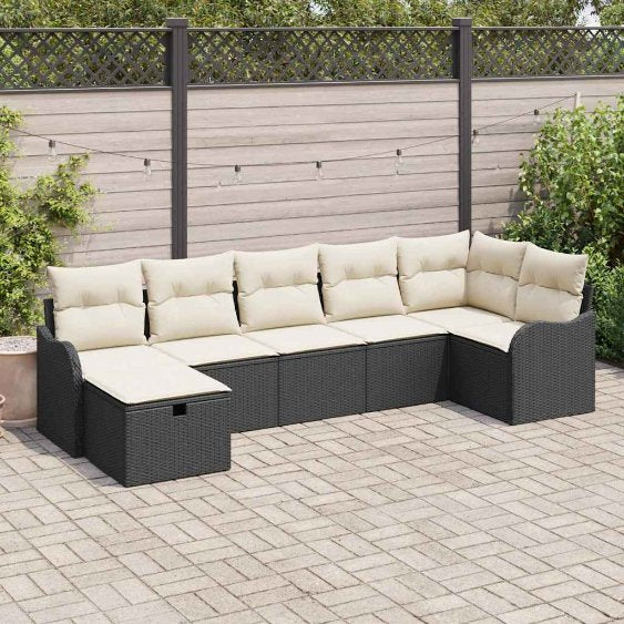 Sofa Set mit Kissen mit Speicher Schwarz und Creme Poly-Rattan