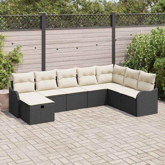 Sofa Set mit Kissen 8 pcs Schwarz und Creme Poly-Rattan