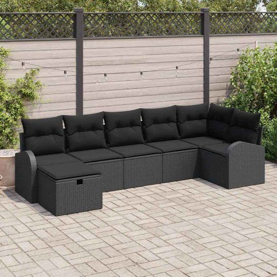 Sofa Set mit Kissen 7 pcs Schwarz und Creme Poly-Rattan