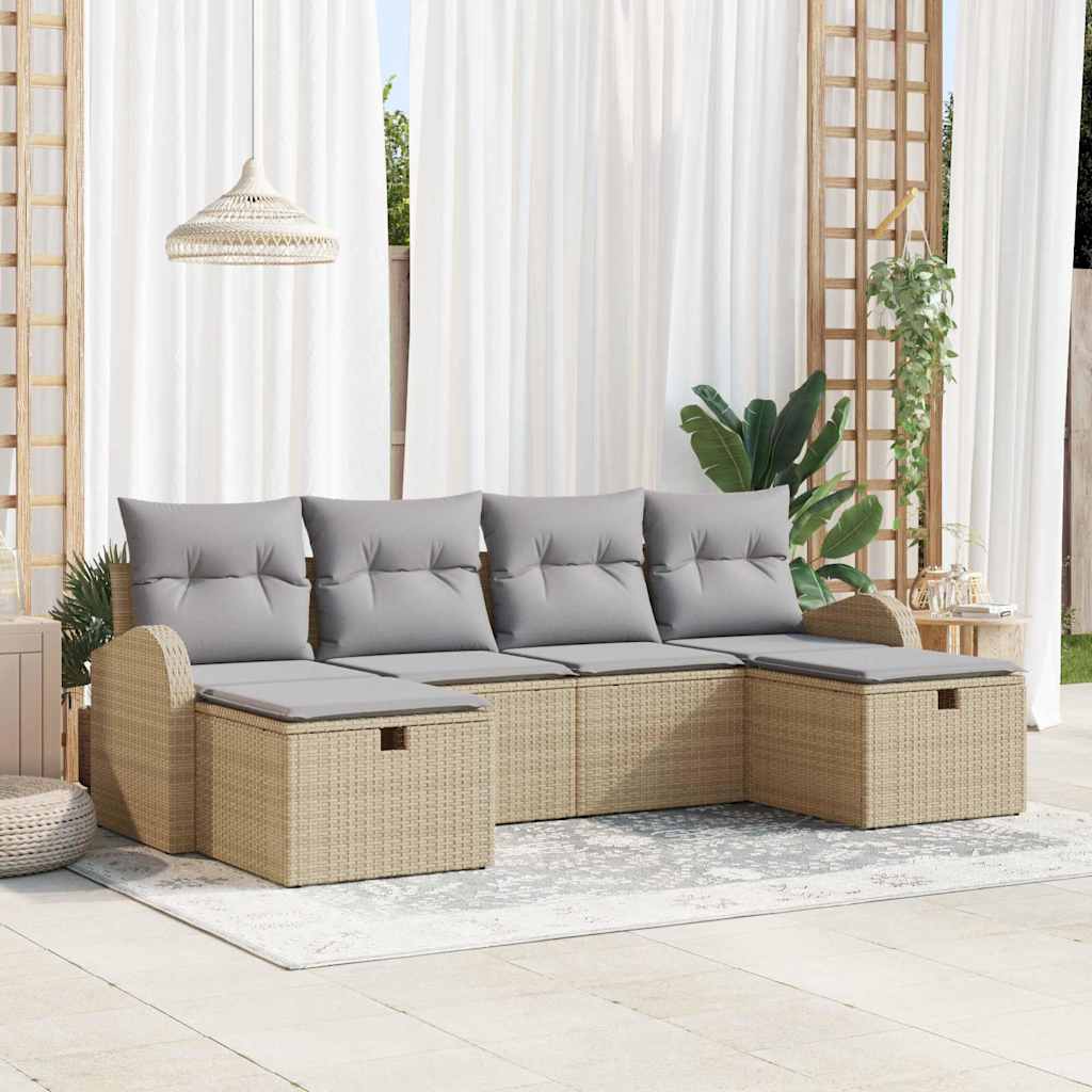 Sofa Set mit Kissen 6 pcs Schwarz und Creme Poly-Rattan